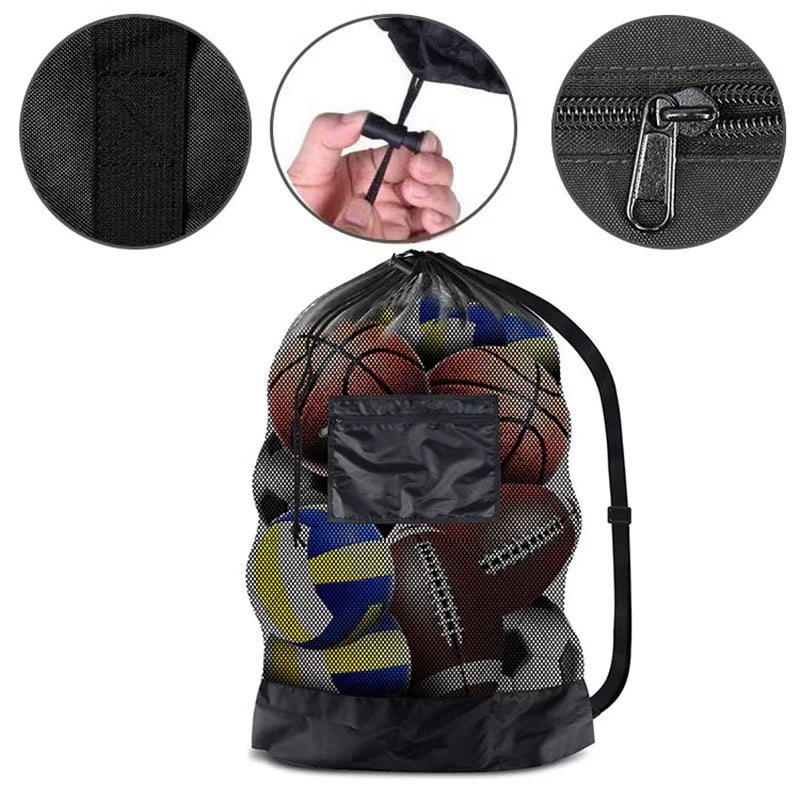Mesh Soccer Ball Bag Extra Large Drawstring Basketball Storage Bag with Zipper Pocket Volleyball Football Net Pack Gym Bags