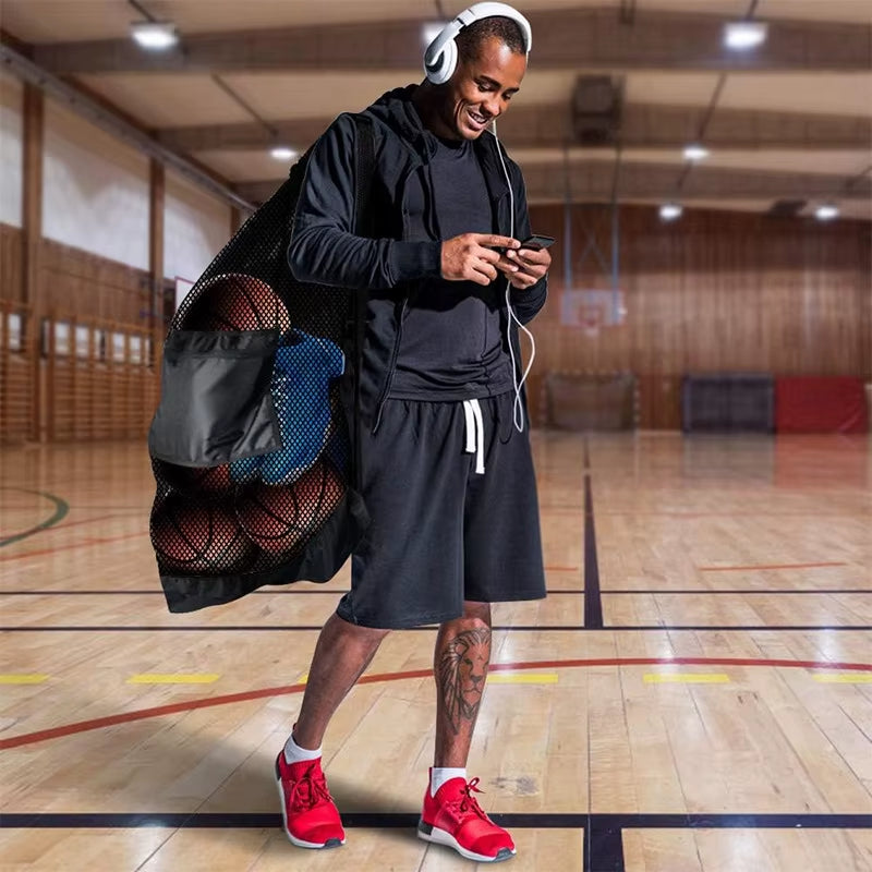 Mesh Soccer Ball Bag Extra Large Drawstring Basketball Storage Bag with Zipper Pocket Volleyball Football Net Pack Gym Bags